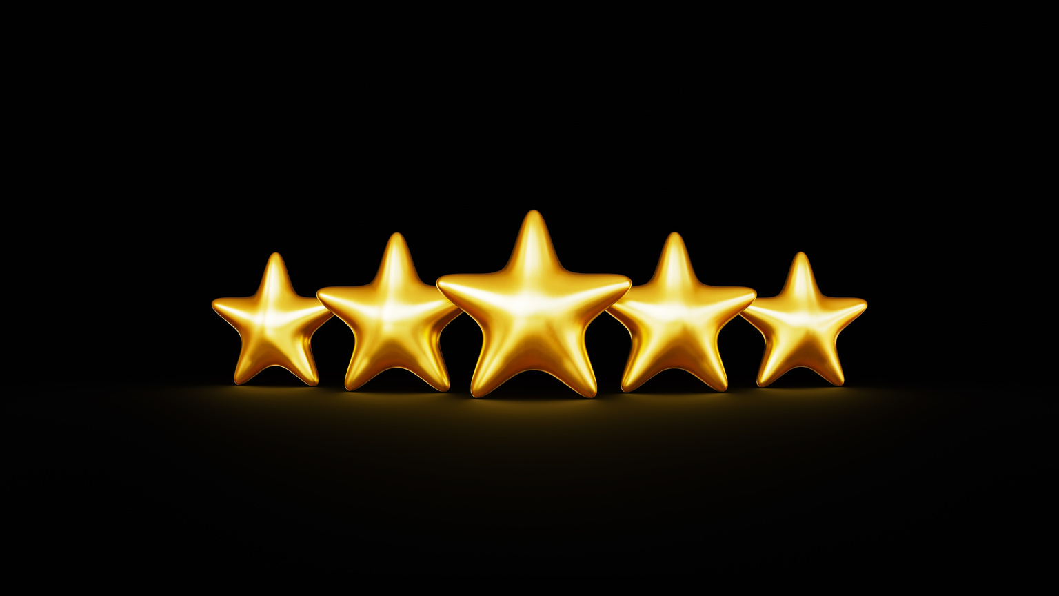 Five golden rating stars standing on black background. 3d render illustration